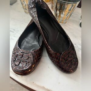 Tory Burch Embossed Dark Brown Flats GUC